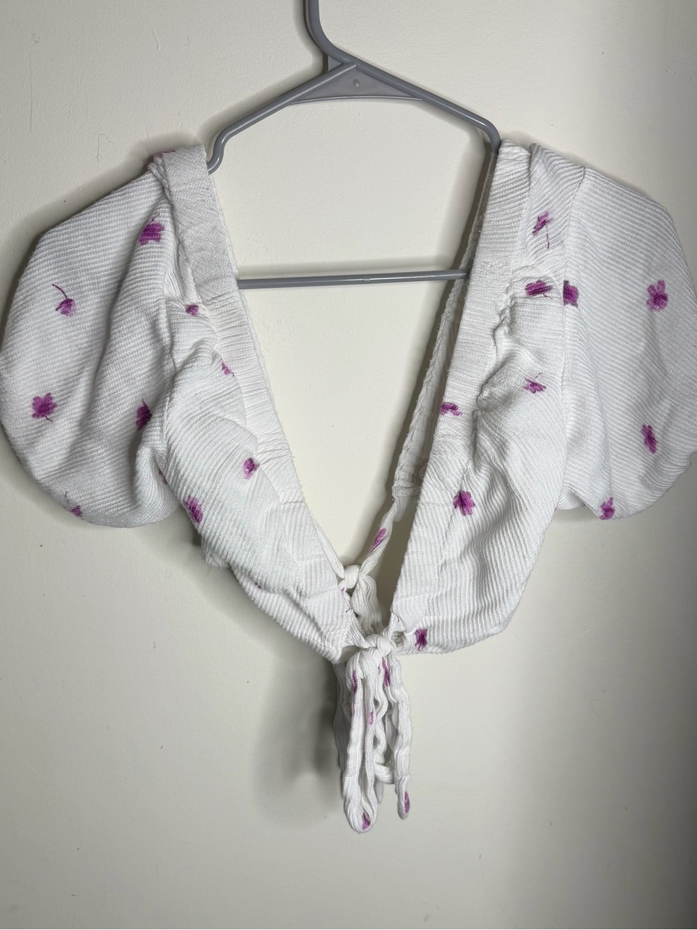 White Tie-Front Puff Sleeve Top with Pink Floral Accents